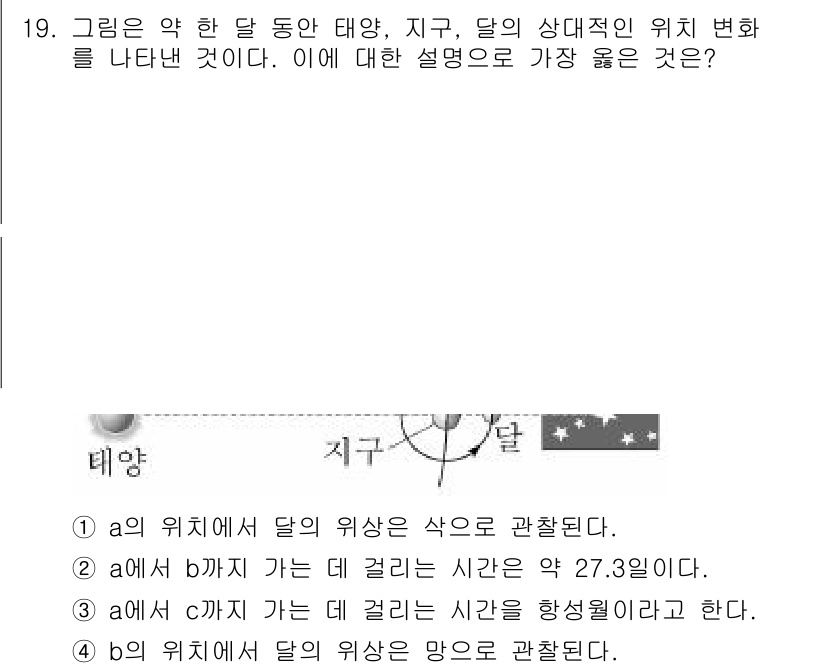9급_지방직_공무원_서울시_과학 2019년 19번 - 문제에서 a의 위치에서 달의 위치를 관찰할 때, 달이 b와 c 위치에서 ... 에 관한 핵심 기출문제