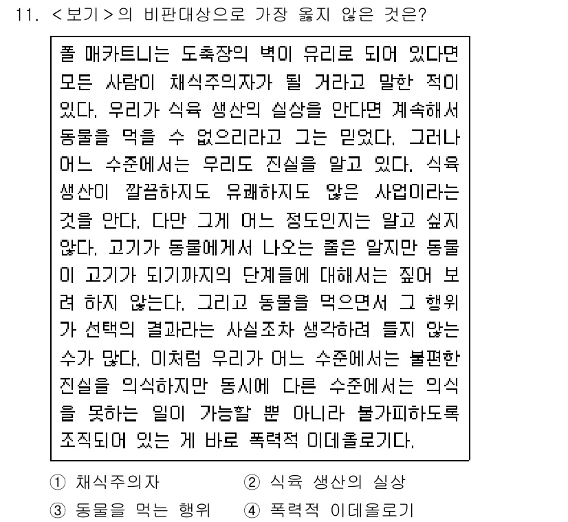 9급_지방직_공무원_서울시_국어 2018년 11번 - 해당 문장에서 가장 틀린 주장은 '우리가 식용生의 실상을 모른다'는 점입... 에 관한 핵심 기출문제