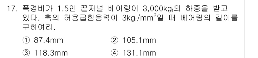 9급_지방직_공무원_서울시_기계설계 2015년 17번 - 주어진 하중과 허용 응력으로부터 배럴링의 길이를 구하는 문제입니다. 허용... 에 관한 핵심 기출문제