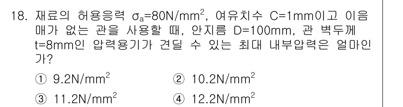 9급_지방직_공무원_서울시_기계설계 2015년 18번 - 주어진 허용응력 \(\sigma_a = 80 \, \text{N/mm}^... 에 관한 핵심 기출문제