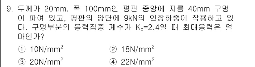 9급_지방직_공무원_서울시_기계설계 2015년 9번 - 주어진 문제에서 기계부 재료의 응력집중계수 \( K_c = 2.4 \)를... 에 관한 핵심 기출문제