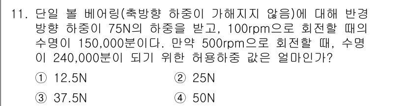 9급_지방직_공무원_서울시_기계설계 2016년 11번 - 주어진 문제에서 회전 속도와 하중의 관계를 분석하면, 하중이 증가할수록 ... 에 관한 핵심 기출문제