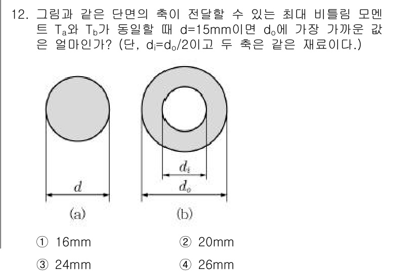 9급_지방직_공무원_서울시_기계설계 2016년 12번 - 주어진 조건에서 비틀림 모멘트 \( T \)와 두께 \( t \)가 동일... 에 관한 핵심 기출문제