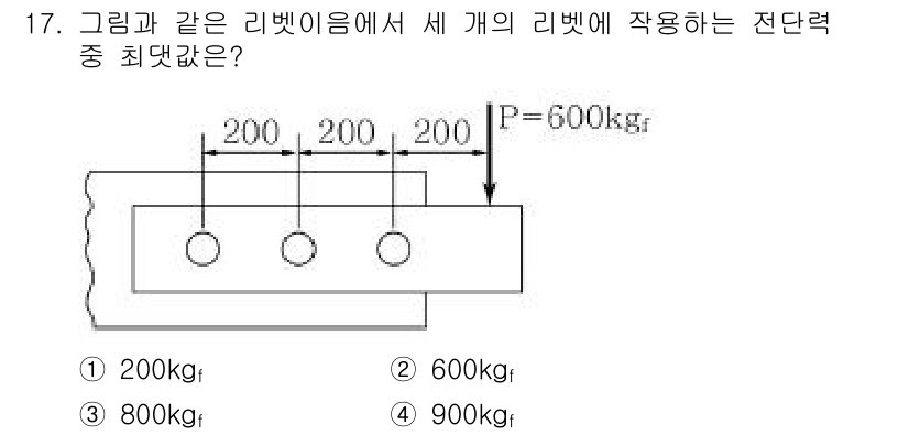 9급_지방직_공무원_서울시_기계설계 2016년 17번 - 주어진 리벳에 작용하는 힘 \( P = 600 \, \text{kgf} ... 에 관한 핵심 기출문제