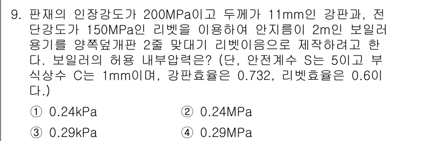 9급_지방직_공무원_서울시_기계설계 2018년 9번 - 주어진 문제에서 리벳의 허용 내압력은 재료의 인장강도와 안전계수를 고려하... 에 관한 핵심 기출문제