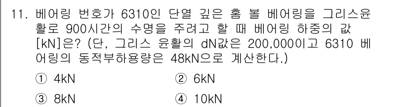9급_지방직_공무원_서울시_기계설계 2019년 11번 - 주어진 문제에서 베어링의 하중과 동정적 하중을 고려하여, dN값과 하중 ... 에 관한 핵심 기출문제