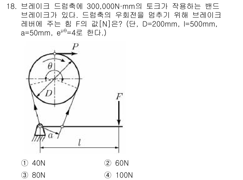 9급_지방직_공무원_서울시_기계설계 2019년 18번 - 브레이크 드럼의 토크를 통해 힘 \( F \)를 구할 수 있습니다. 주어... 에 관한 핵심 기출문제