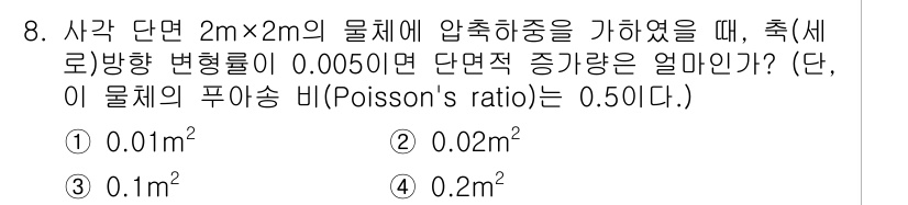 9급_지방직_공무원_서울시_기계일반 2015년 8번 - 주어진 문제에서 물체의 단면적이 2m x 2m이고, 압축이 발생할 때 단... 에 관한 핵심 기출문제