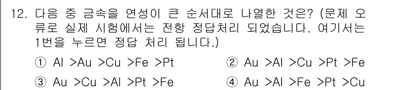 9급_지방직_공무원_서울시_기계일반 2016년 12번 - 주어진 원소들(Au, Cu, Fe, Pt)의 전기음성도에 따라 순서를 배... 에 관한 핵심 기출문제