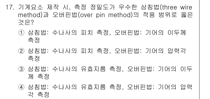 9급_지방직_공무원_서울시_기계일반 2016년 17번 - 삼각법인 수나사의 유효진댁을 측정할 때, 오버핀법을 적용하여 기어의 이들... 에 관한 핵심 기출문제