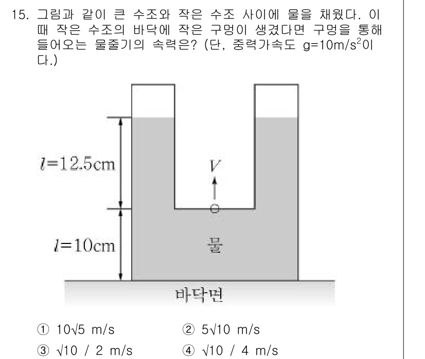 9급_지방직_공무원_서울시_물리 2016년 15번 - 작은 수조의 바닥에서 물이 빠져나가는 속도는 베르누이 방정식을 사용하여 ... 에 관한 핵심 기출문제