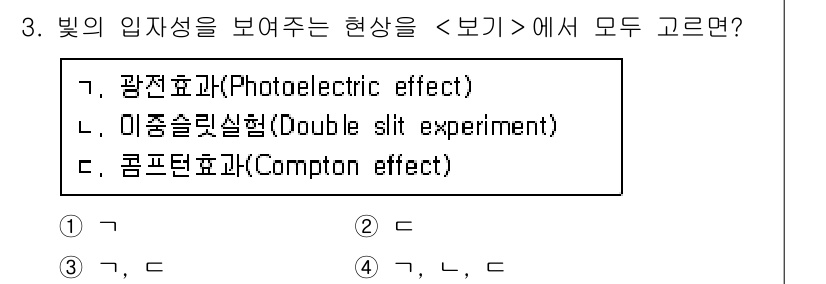 9급_지방직_공무원_서울시_물리 2016년 3번 - 문제에서 언급된 "빛의 입자성을 보여주는 현상"은 광전효과와 컴프턴 효과... 에 관한 핵심 기출문제