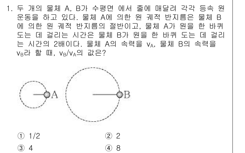 9급_지방직_공무원_서울시_물리 2019년 1번 - 물체 A, B가 수평면에서 회전하고 있으며, 물체 A의 속도 \( v_A... 에 관한 핵심 기출문제