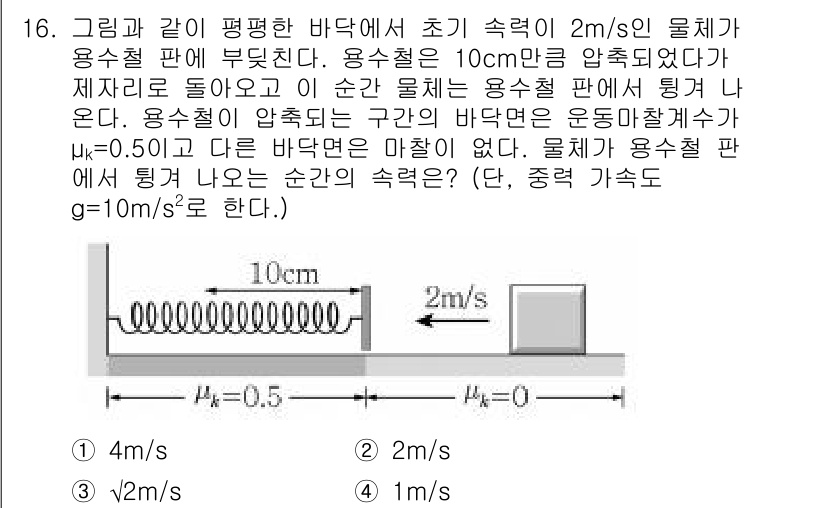 9급_지방직_공무원_서울시_물리 2019년 16번 - 물체가 용수철 판에서 벗어나기 전, 물체의 초기 속도와 용수철의 압축에 ... 에 관한 핵심 기출문제