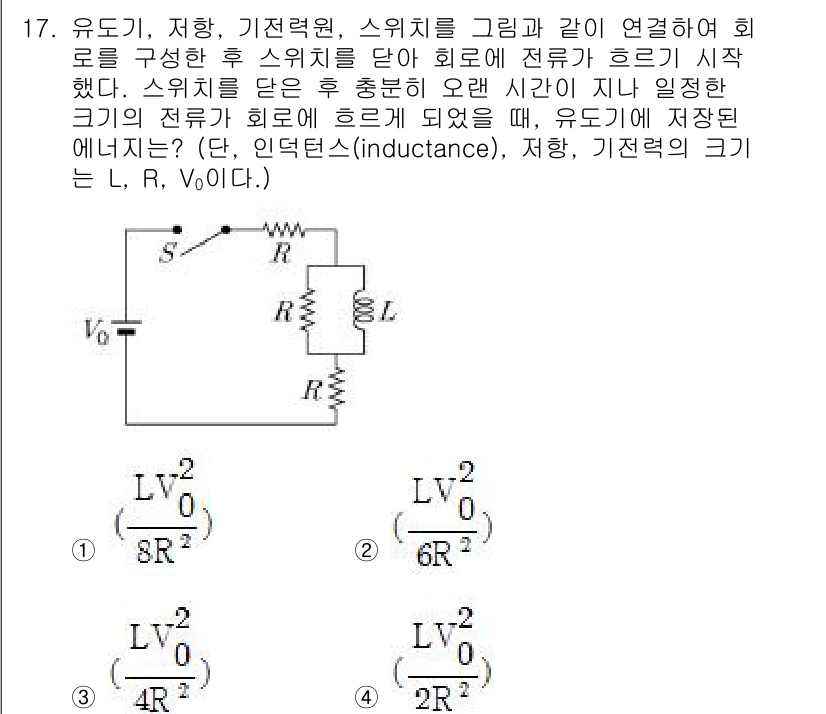9급_지방직_공무원_서울시_물리 2019년 17번 - 주어진 회로에서 유도 기전력은 스위치를 닫은 후에 발생하며, 이는 L과 ... 에 관한 핵심 기출문제