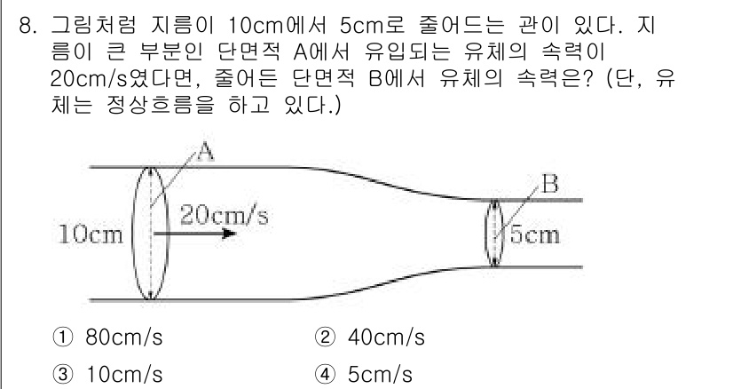 9급_지방직_공무원_서울시_물리 2019년 8번 - 유체의 흐름에서 연속 방정식에 따라 유속과 단면적의 곱은 일정하다. A ... 에 관한 핵심 기출문제