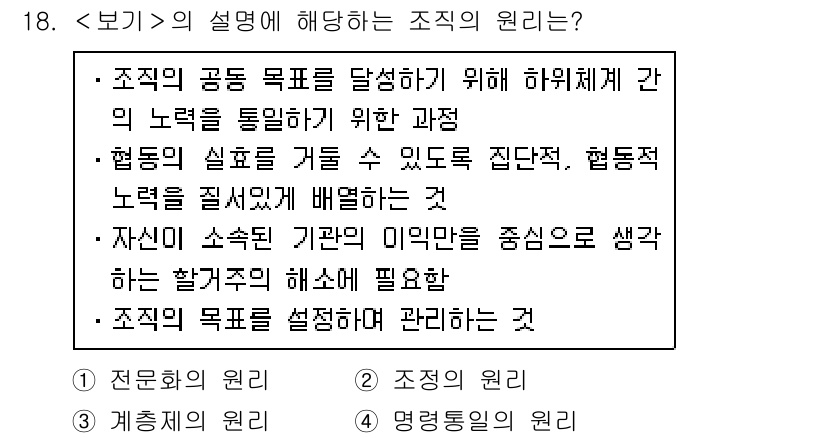 9급_지방직_공무원_서울시_보건행정 2018년 18번 - 조직의 원리는 조직이 공동의 목표를 달성하기 위해 구성원 간의 협력과 조... 에 관한 핵심 기출문제