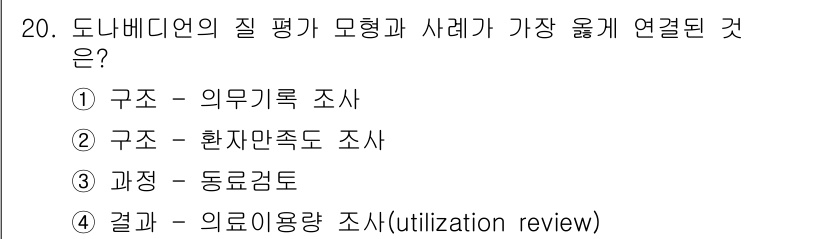 9급_지방직_공무원_서울시_보건행정 2018년 20번 - 도나베이더의 질 평가 모델에서는 과정 및 동료 간의 상호작용이 중요하게 ... 에 관한 핵심 기출문제