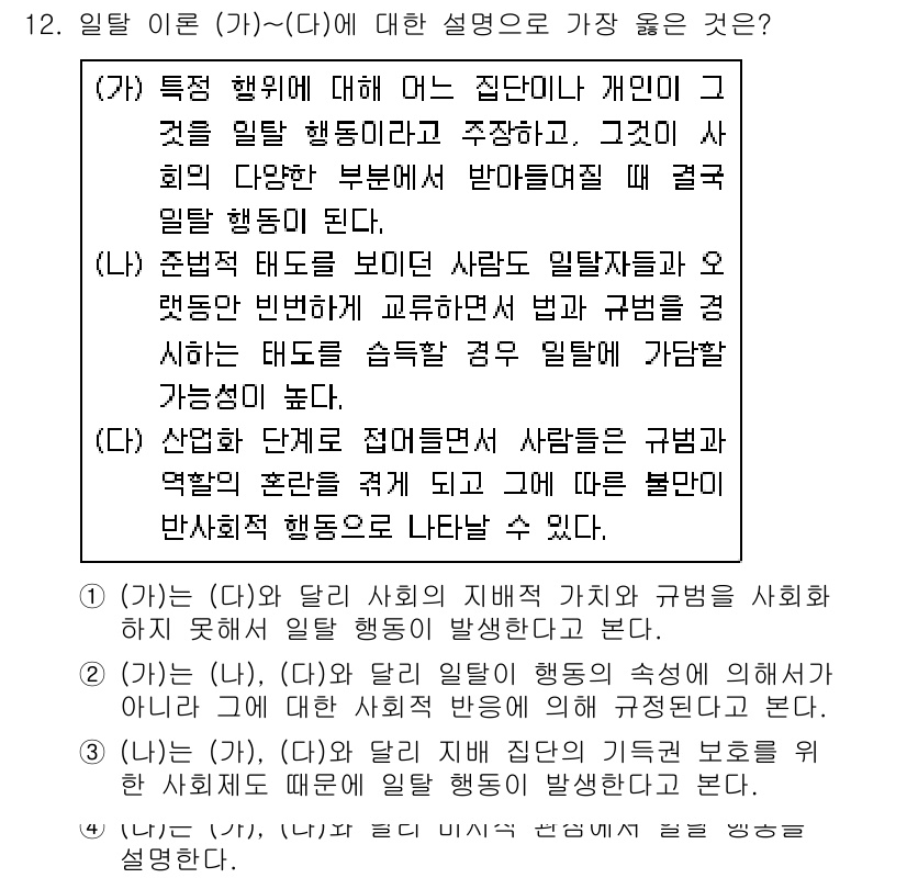 9급_지방직_공무원_서울시_사회 2018년 12번 - 정답 2번은 (가)와 (다)에서 언급된 개인의 행위가 집단의 규범과 충돌... 에 관한 핵심 기출문제