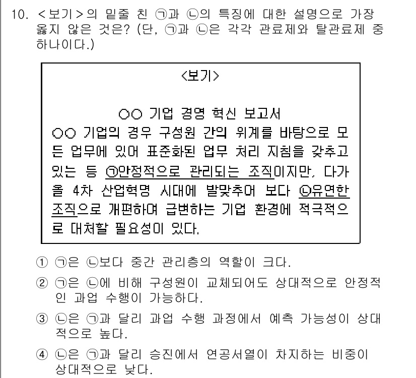 9급_지방직_공무원_서울시_사회(유공자) 2019년 10번 - 문제에서 제시된 ①과 ②는 기업의 관리 구조와 운영 방식에 대한 특성을 ... 에 관한 핵심 기출문제