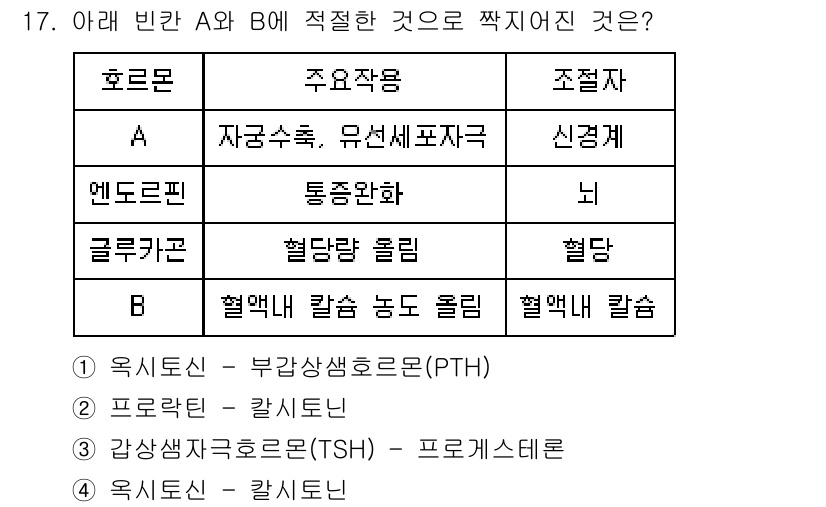9급_지방직_공무원_서울시_생물 2015년 17번 - 문제에서 제시된 호르몬 A와 B의 주요 작용과 조절 메커니즘을 보면, A... 에 관한 핵심 기출문제