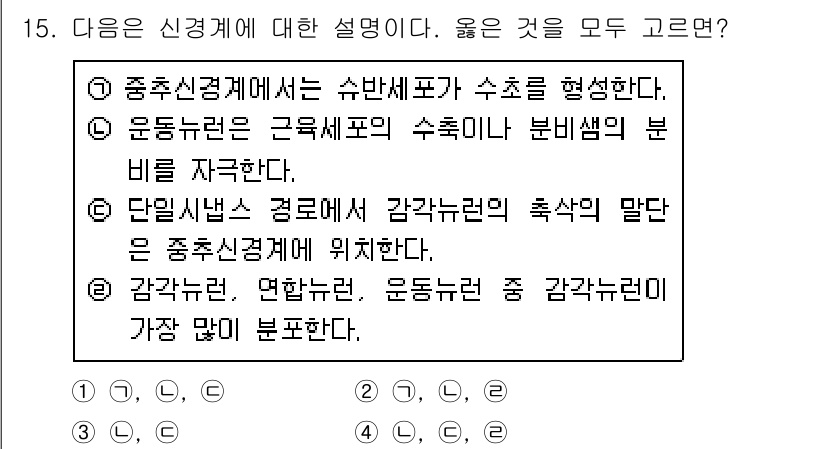 9급_지방직_공무원_서울시_생물 2016년 15번 - 중추신경계에서 감각뉴런과 연합뉴런, 운동뉴런이 모두 연계되어 정보를 처리... 에 관한 핵심 기출문제