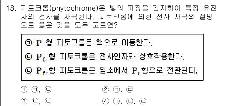 9급_지방직_공무원_서울시_생물 2016년 18번 - 피토크롬은 특정 파장의 빛을 흡수하여 활성 형태로 전환되며, 이 과정에서... 에 관한 핵심 기출문제