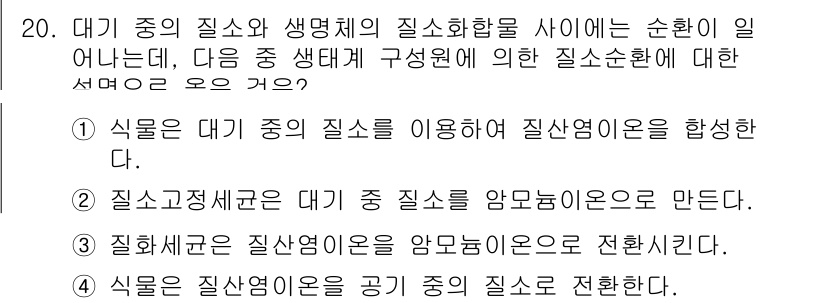 9급_지방직_공무원_서울시_생물 2016년 20번 - 질소고정균은 대기 중 질소를 암모니움 이온으로 변환하여 식물의 영양 공급... 에 관한 핵심 기출문제