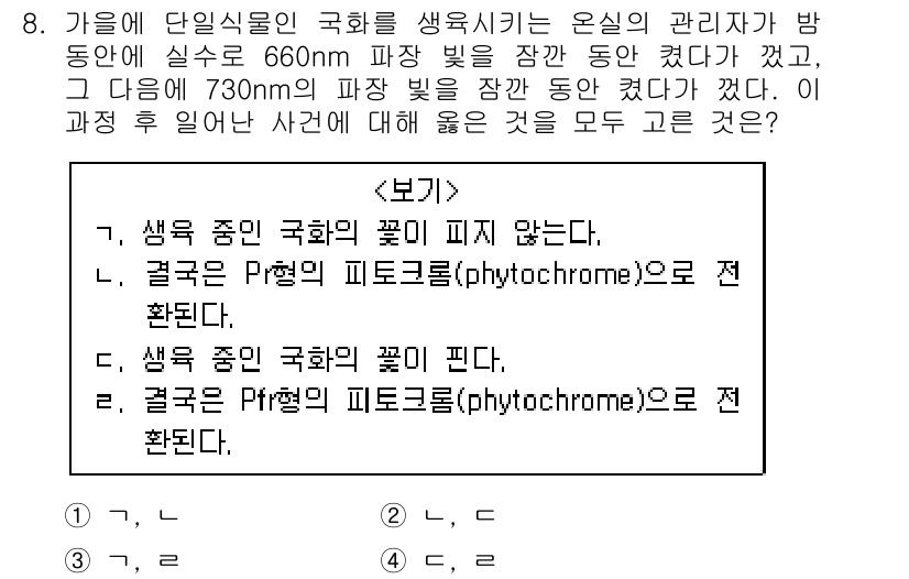 9급_지방직_공무원_서울시_생물 2019년 8번 - 생물에서 식물의 생장과 발달은 빛의 파장에 크게 영향을 받습니다. 특히,... 에 관한 핵심 기출문제