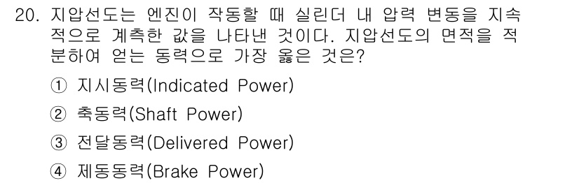 9급_지방직_공무원_서울시_선박일반 2019년 20번 - 정답은 1. 지시동력(Indicated Power)입니다. 지시동력은 엔... 에 관한 핵심 기출문제