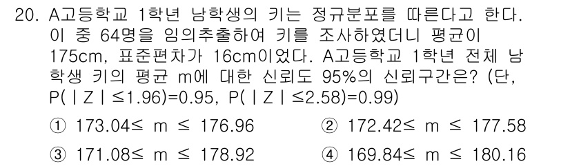 9급_지방직_공무원_서울시_수학 2016년 20번 - 문제에서 주어진 평균과 표준편차를 바탕으로 신뢰구간을 구하기 위해 정규분... 에 관한 핵심 기출문제