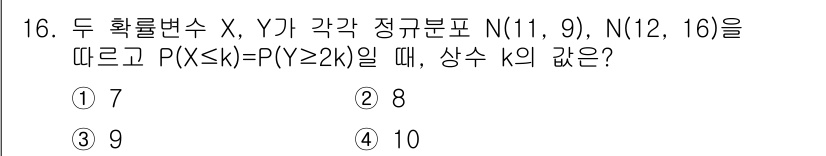 9급_지방직_공무원_서울시_수학 2018년 16번 - 주어진 문제에서 두 확률변수 \(X\)와 \(Y\)는 각각 정규분포를 따... 에 관한 핵심 기출문제