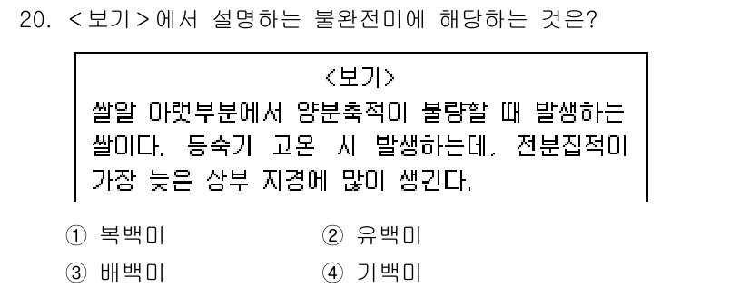 9급_지방직_공무원_서울시_식용작물 2019년 20번 - 이 문제에서 보기는 쌀알 아랫부분에서 발생하는 불량을 설명하고 있습니다.... 에 관한 핵심 기출문제