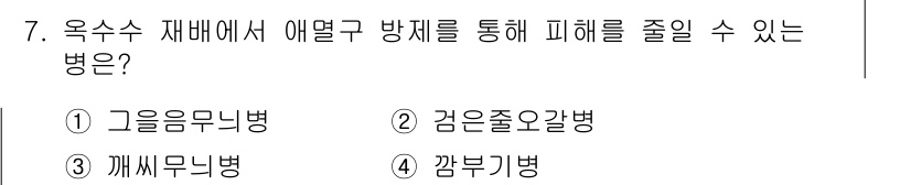 9급_지방직_공무원_서울시_식용작물 2019년 7번 - 정답은 2번 '검은줄오갈병'입니다. 이 병은 주로 병원균이 수분과 영양소... 에 관한 핵심 기출문제