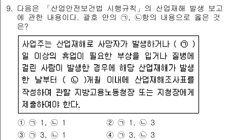 9급_지방직_공무원_서울시_안전관리론 2017년 9번 - 산업안전보건 법률에 따르면, 사망 재해가 발생한 경우에는 즉각적인 보고가... 에 관한 핵심 기출문제