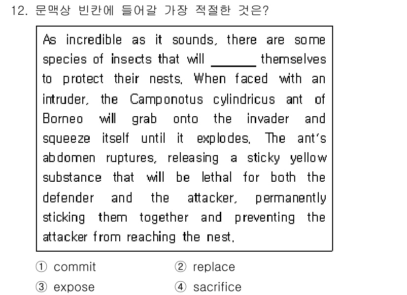 9급_지방직_공무원_서울시_영어 2016년 12번 - . expose  
해설: 문맥상 "expose"는 벌레가 자신을 드러내... 에 관한 핵심 기출문제
