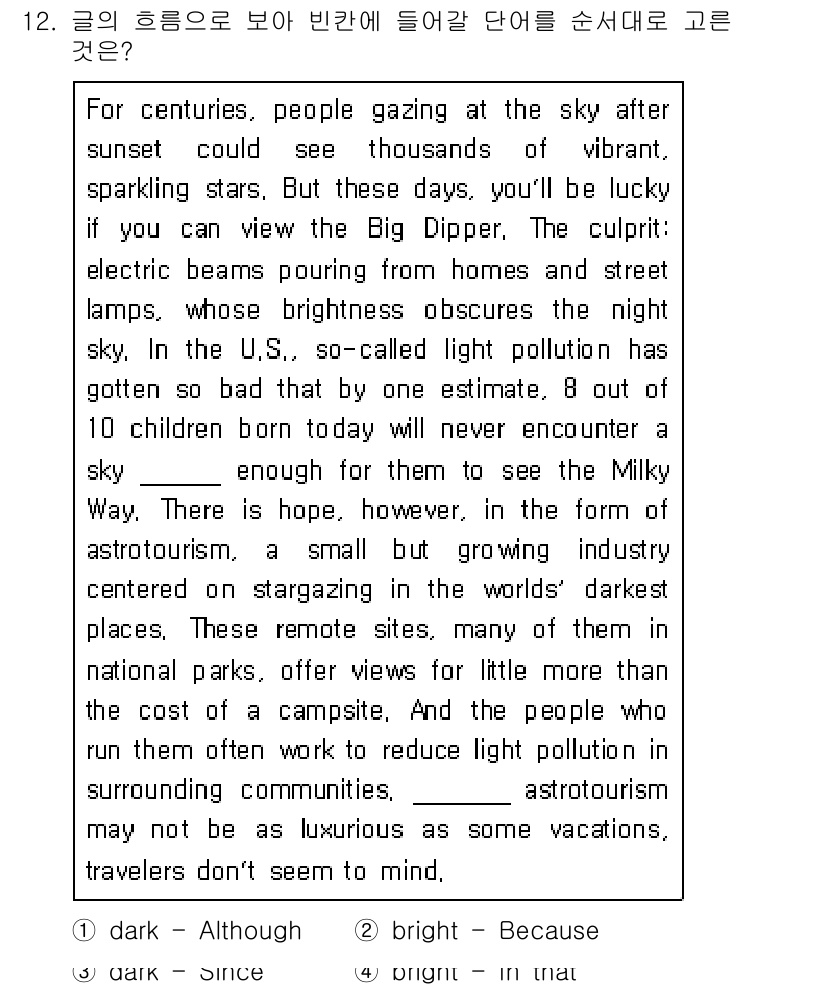 9급_지방직_공무원_서울시_영어 2017년 12번 - . 

이유: "bright"는 "pulsing from homes an... 에 관한 핵심 기출문제