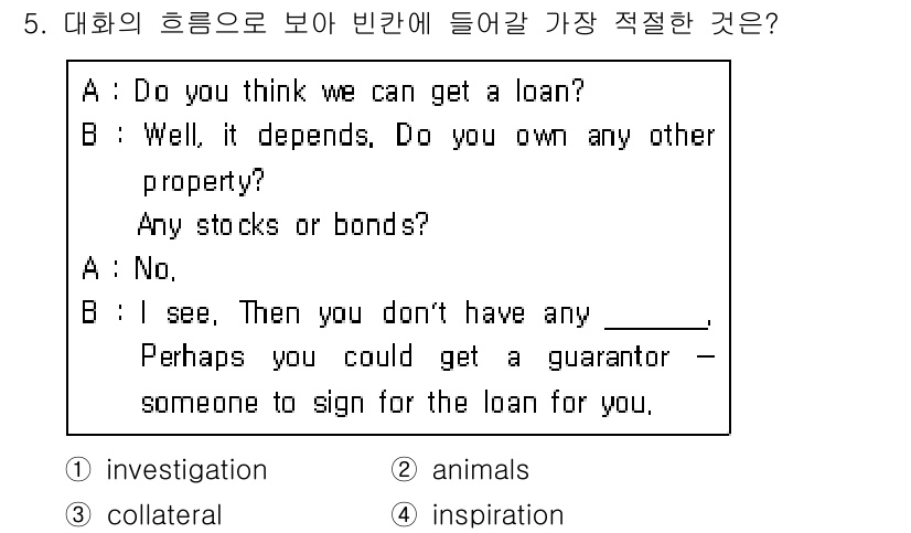 9급_지방직_공무원_서울시_영어 2017년 5번 - 정답은 3번 'collateral'입니다. 대화에서 B가 대출 여부를 묻... 에 관한 핵심 기출문제