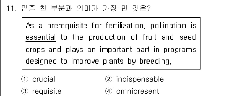 9급_지방직_공무원_서울시_영어 2018년 11번 - 정답은 4번 "omnipresent"입니다. 문장에서 수분과 씨앗 작물의... 에 관한 핵심 기출문제