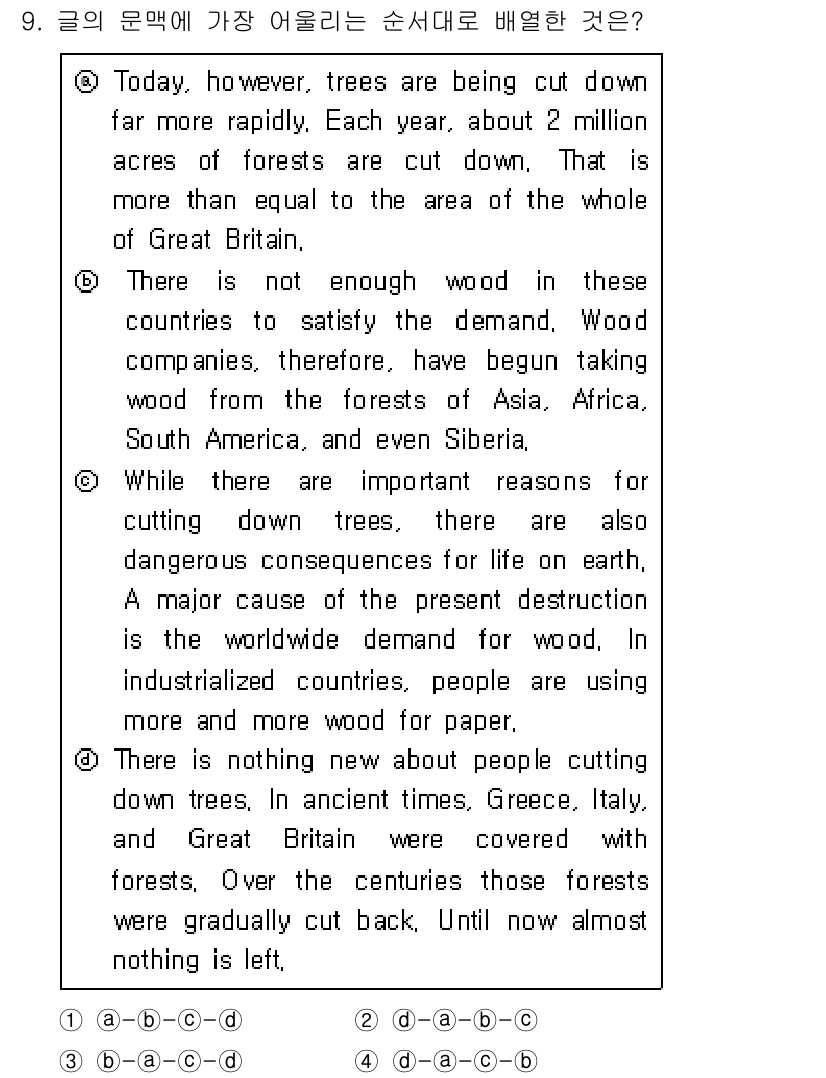 9급_지방직_공무원_서울시_영어 2018년 9번 - . 

이유: 글에서 나무 베기 때문에 대한 부정적인 영향과 지구의 자원... 에 관한 핵심 기출문제
