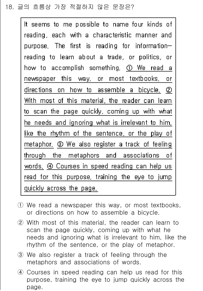9급_지방직_공무원_서울시_영어 2019년 18번 - 3번이 정답인 이유는 "scan the page quickly"와 관련된... 에 관한 핵심 기출문제