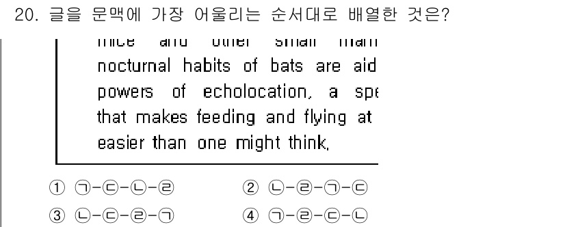 9급_지방직_공무원_서울시_영어 2019년 20번 - 정답 2번은 문맥상 "L"로 끝나는 이유로, "echolocation"이... 에 관한 핵심 기출문제