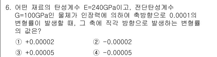 9급_지방직_공무원_서울시_응용역학개론 2015년 6번 - 주어진 재료의 탄성계수와 전단탄성계수를 이용하여 변형률을 계산해야 합니다... 에 관한 핵심 기출문제