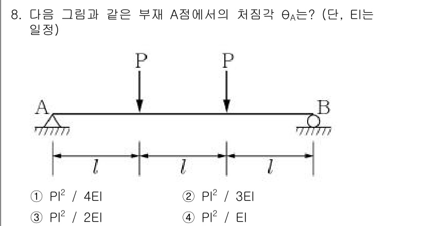 9급_지방직_공무원_서울시_응용역학개론 2015년 8번 - 부재 A에서의 처짐각 θ는 부재의 변형과 관련이 있으며, 하중 P와 기하... 에 관한 핵심 기출문제