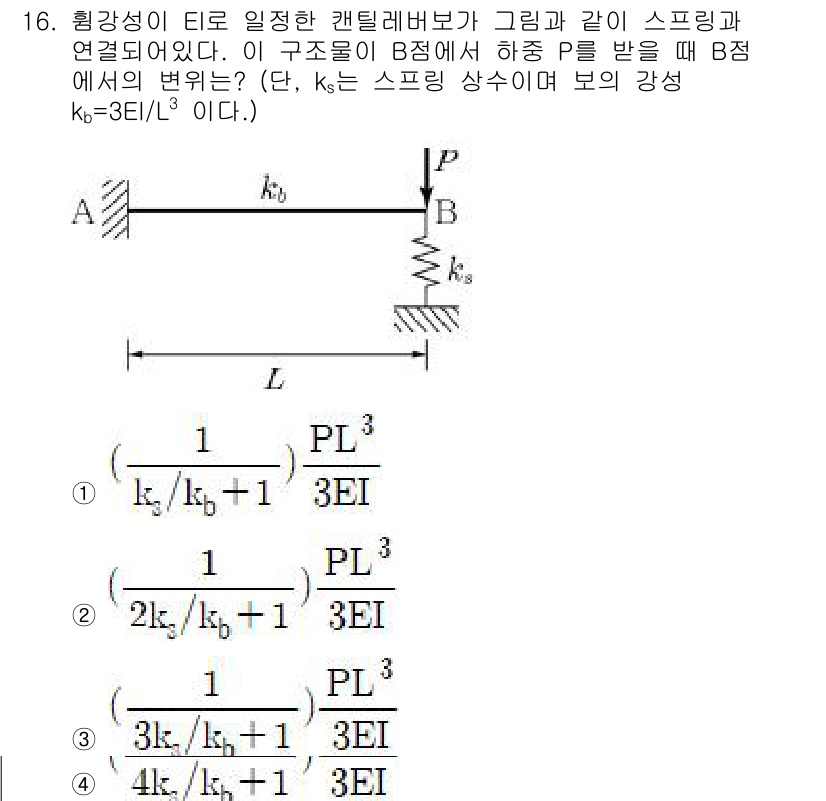 9급_지방직_공무원_서울시_응용역학개론 2017년 16번 - 문제에서 주어진 구조물은 스프링과 연결된 벨리니 모드의 조합으로 하중을 ... 에 관한 핵심 기출문제