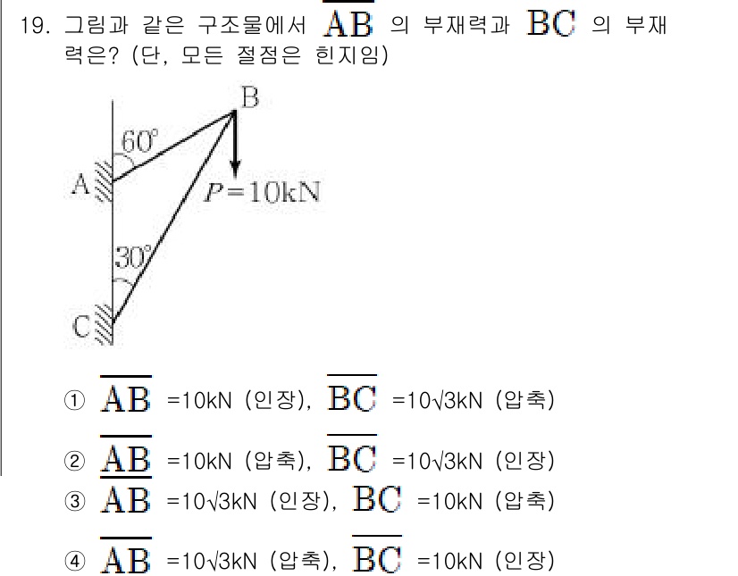 9급_지방직_공무원_서울시_응용역학개론 2017년 19번 - 부재력의 균형을 고려할 때, 힘은 부재의 방향과 크기에 따라 다르게 전이... 에 관한 핵심 기출문제