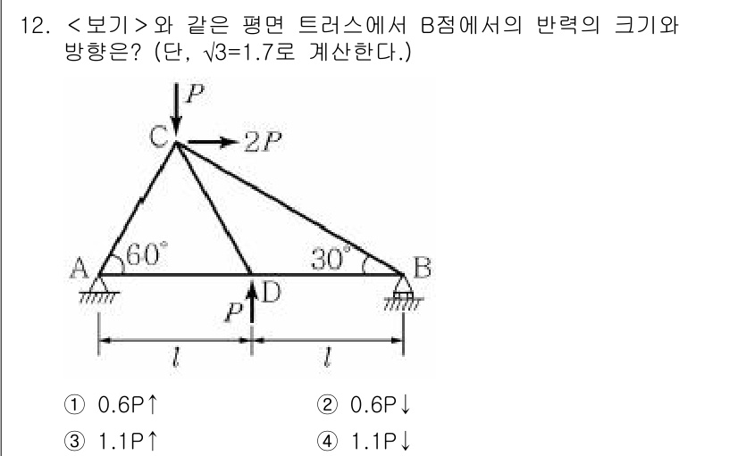 9급_지방직_공무원_서울시_응용역학개론 2018년 12번 - 문제에서 주어진 삼각형 구조에서 각 포스의 분해를 고려할 때, B점에서의... 에 관한 핵심 기출문제