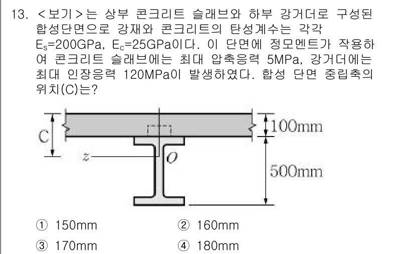 9급_지방직_공무원_서울시_응용역학개론 2018년 13번 - 주어진 문제에서 하루 강재가 적용된 콘크리트 슬래브에 최대 인장응력 12... 에 관한 핵심 기출문제
