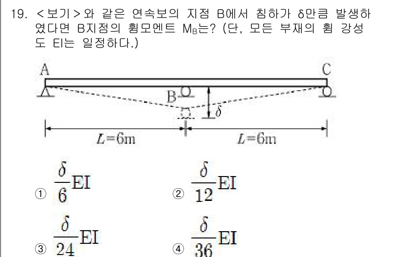 9급_지방직_공무원_서울시_응용역학개론 2018년 19번 - 주어진 문제는 연속 보의 하중 상태를 고려하여 지점 B에서의 모멘트를 구... 에 관한 핵심 기출문제