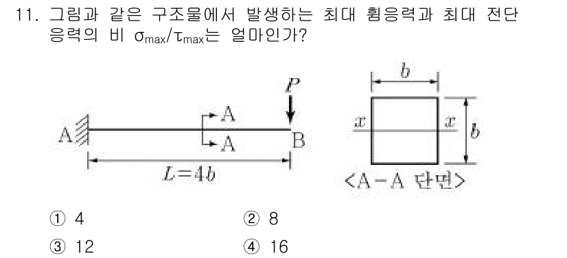 9급_지방직_공무원_서울시_응용역학개론 2019년 11번 - 최대 전단응력 비는 재료의 기계적 성질과 구조물의 단면적에 따라 결정됩니... 에 관한 핵심 기출문제
